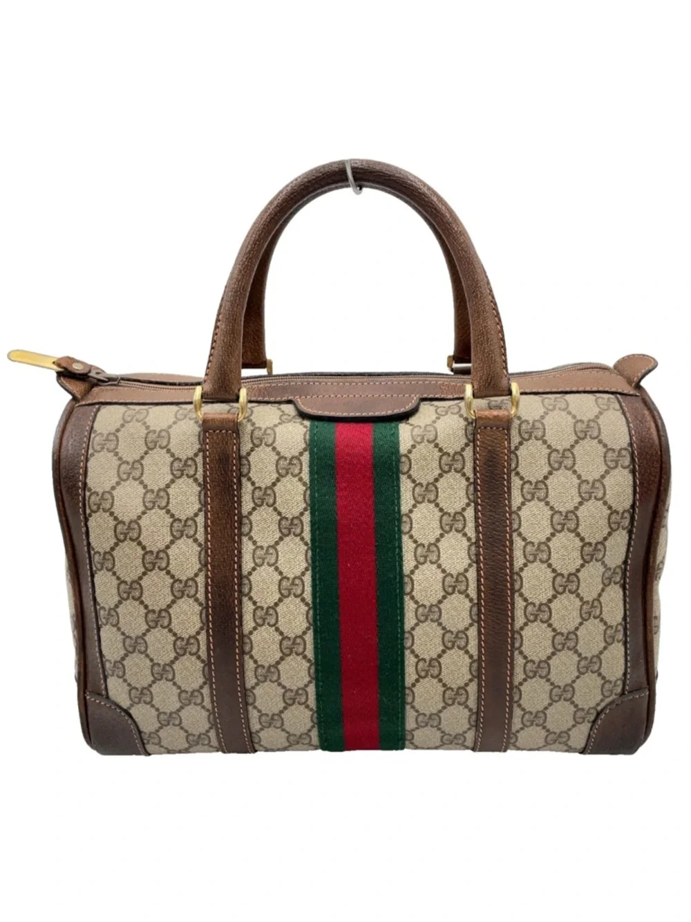 Gucci Brown Monogram Canvas Boston Bag with Green-Red Web Stripe